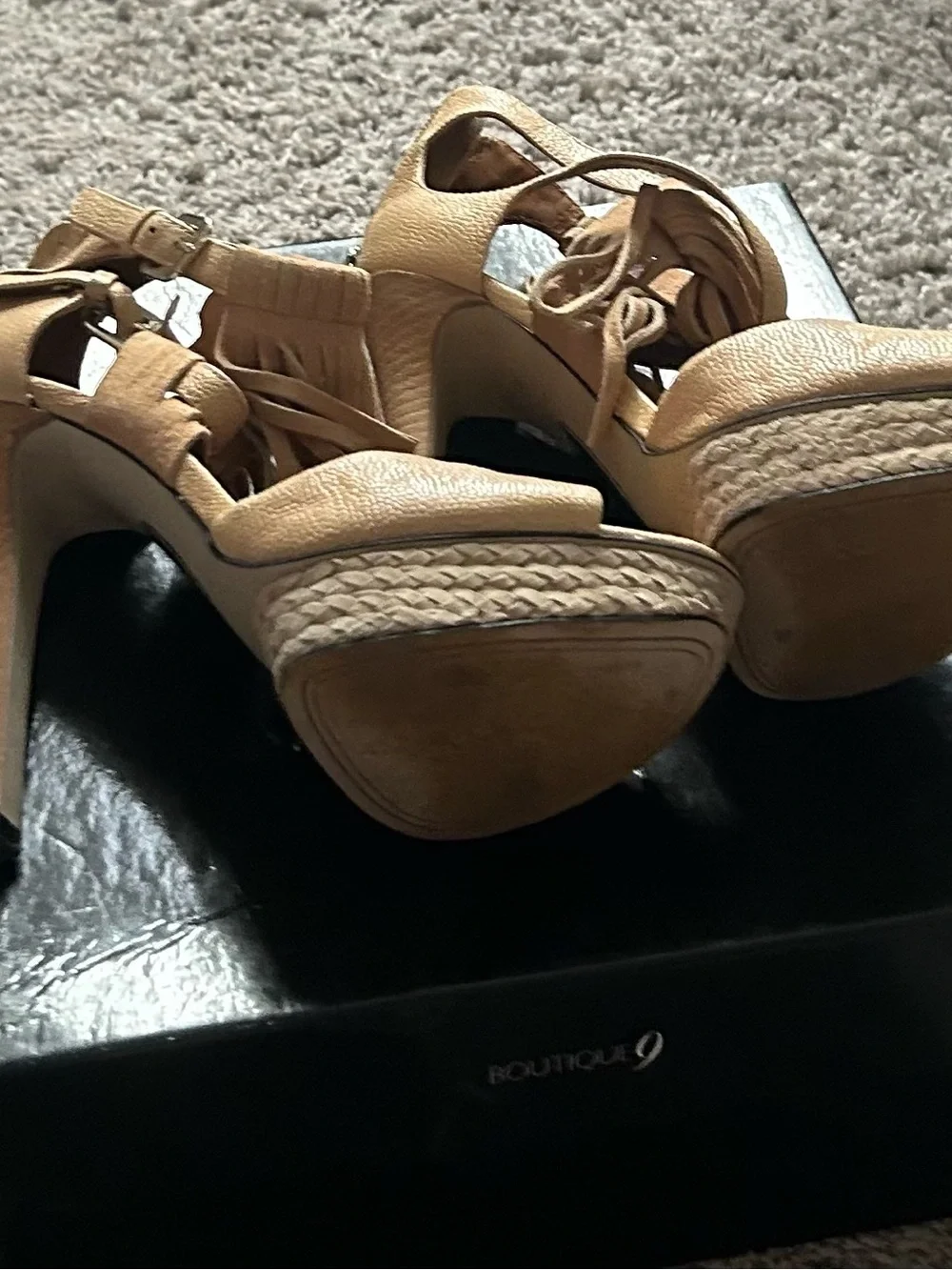 Boutique 9 Tan Fringe Peep-Toe Platform Sandals
